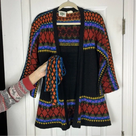Vintage Boho 70’s Open Front Geo Knit Mid Long Cardigan Duster Sweater Sz M - Picture 7 of 7